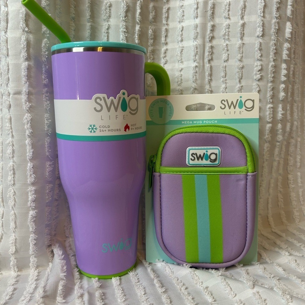 Swig Life 40oz Mega Mug and‎ Pouch Set Purple Green Insulated Tumbler
